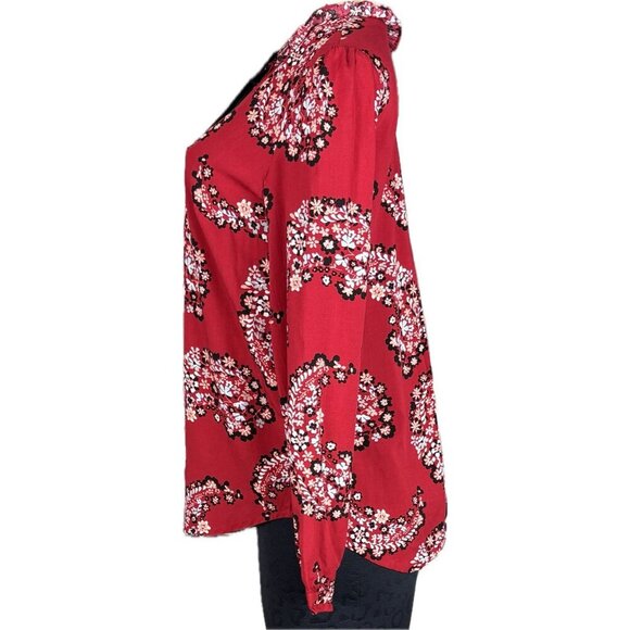 St. John's Bay S Red Floral Tie Keyhole Neckline Curved Hem Long Sleeve Blouse - Picture 5 of 6